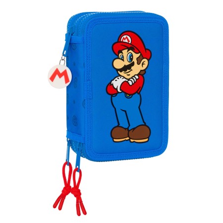 Pochette à crayons triple Super Mario Play Bleu Rouge 12.5 x 19.5 x 5.5 cm (36 Pièces)